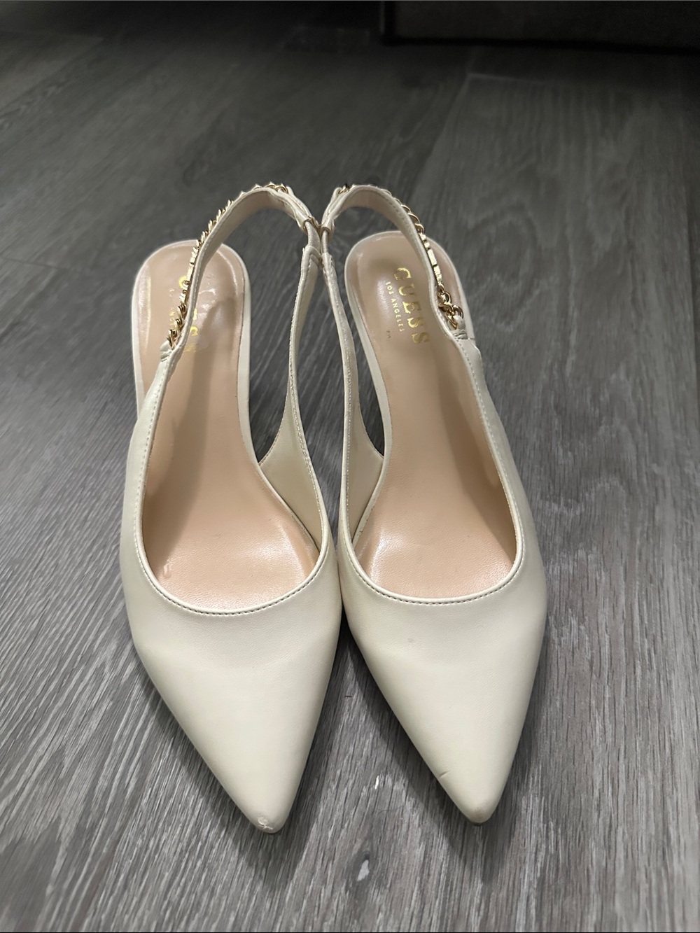 GUESS Cream Pointed-Toe Slingback Pumps with Gold Chain Detail